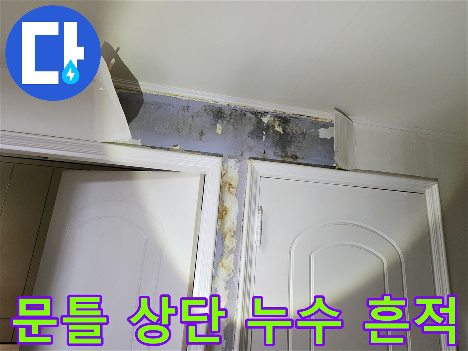 문틀 상부 벽면의 곰팡이와 습기로 인한 변색 부위