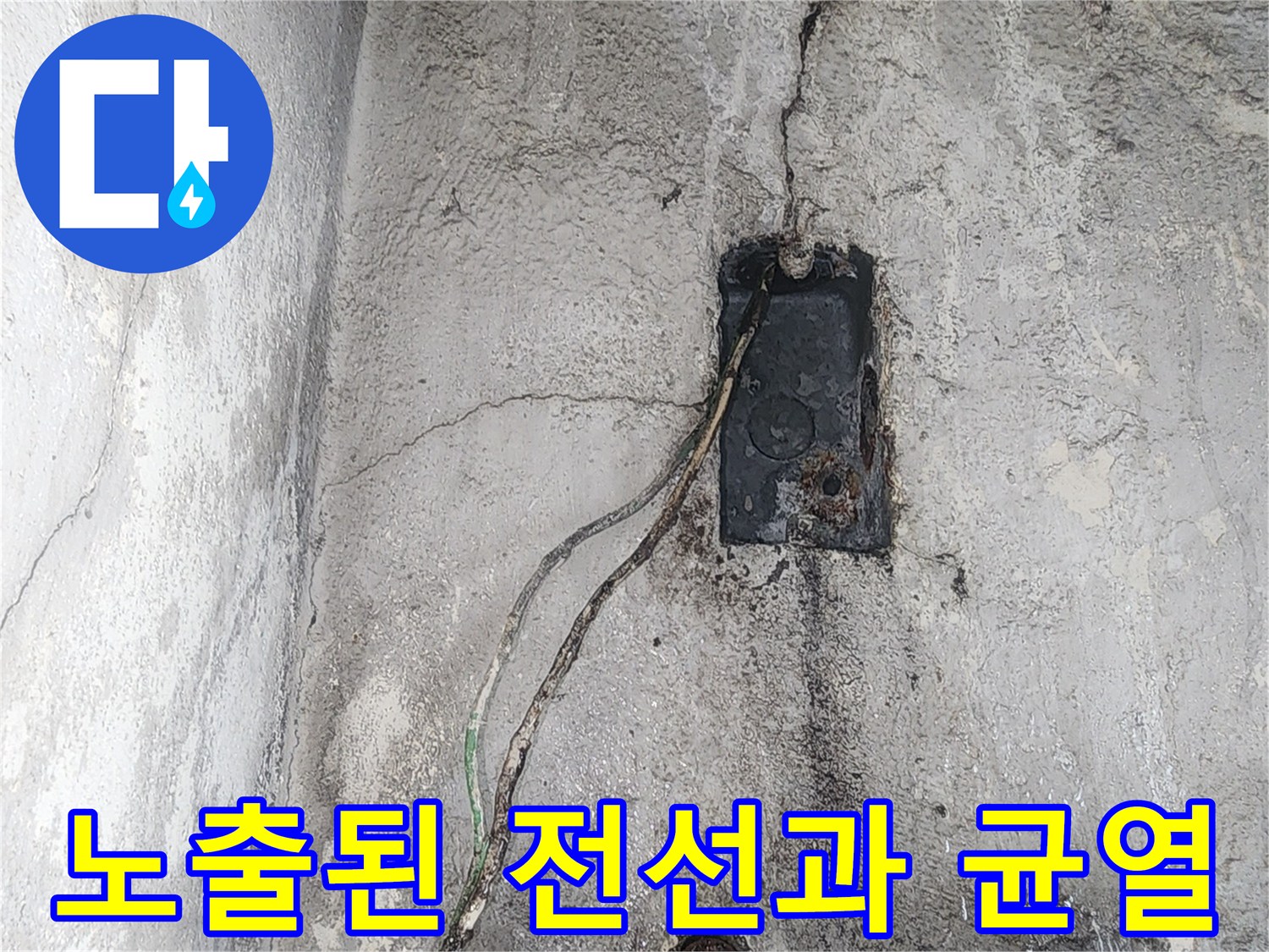 벽면의 갈라진 틈새와 습기에 의한 콘크리트 변색 부위