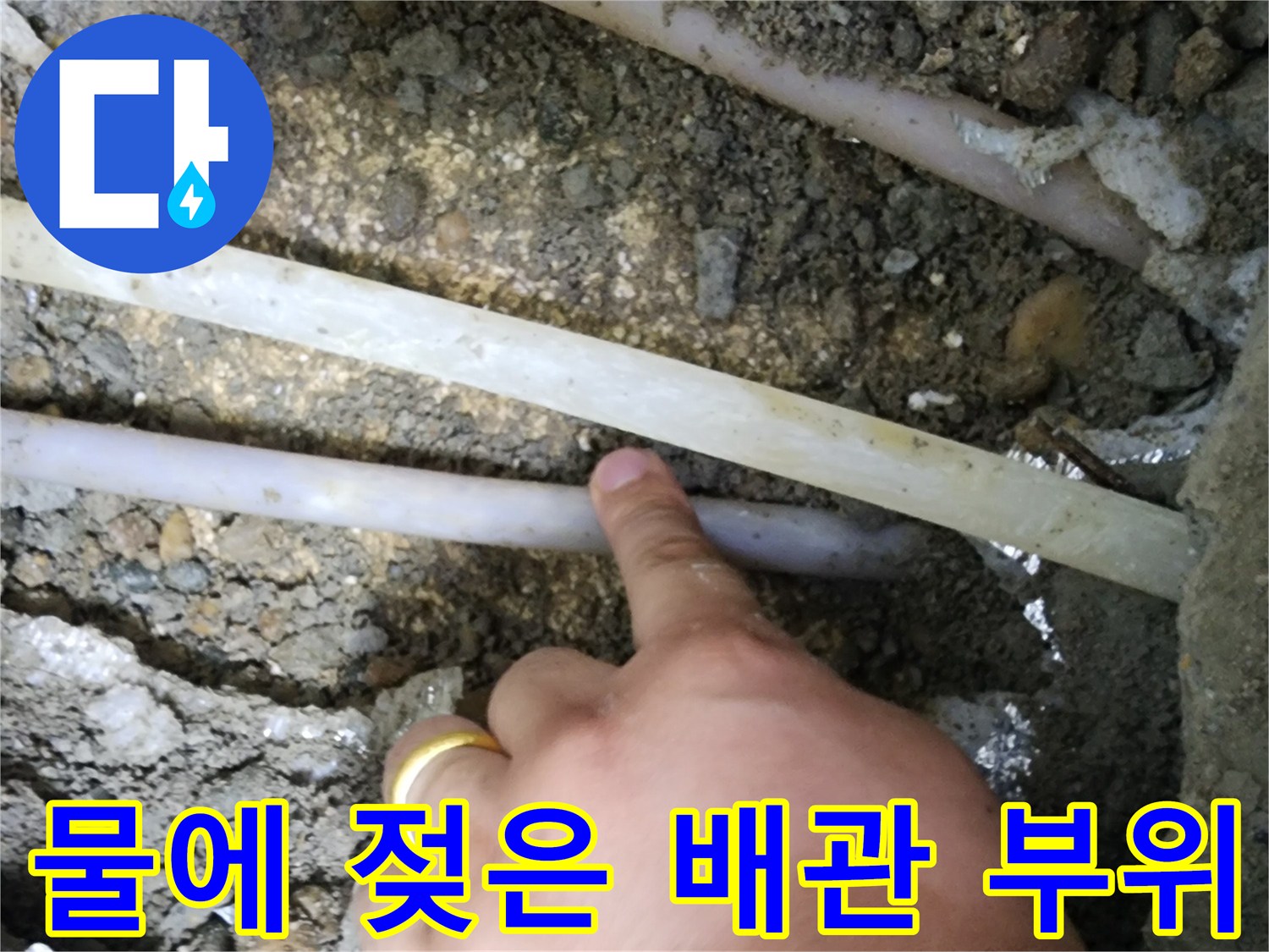 손가락으로 누수 의심 지점을 가리키고 있습니다.