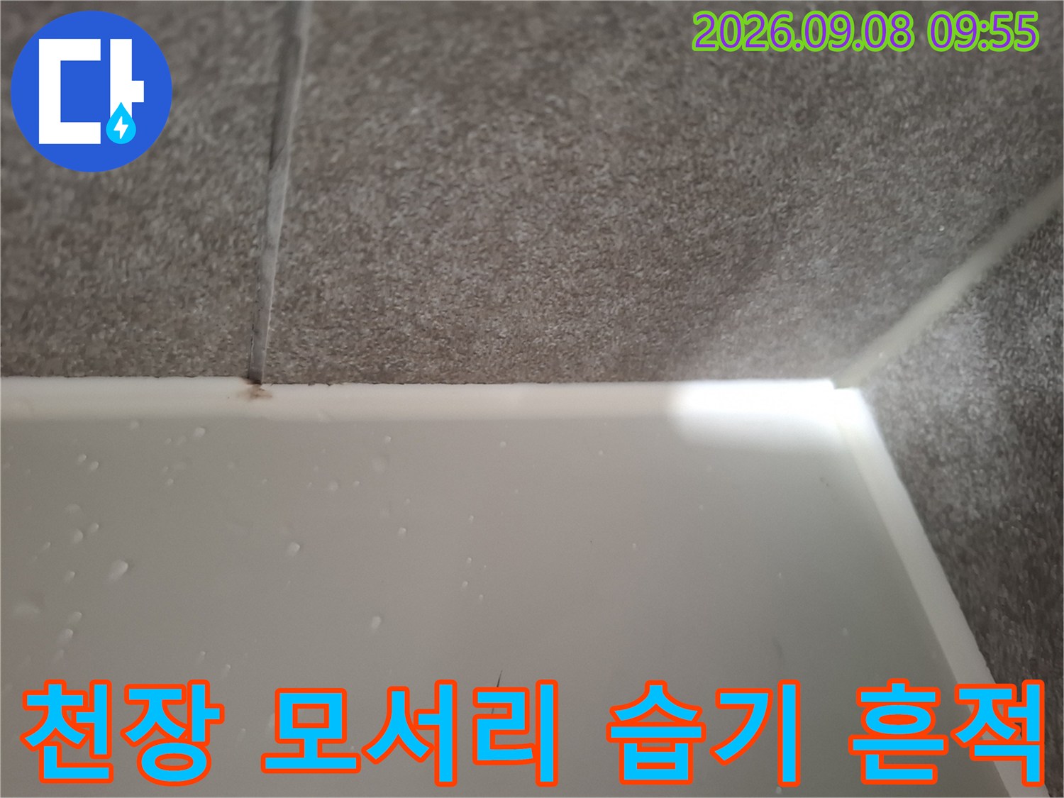 천장과 벽면 경계면에 나타난 누수 오염 부위