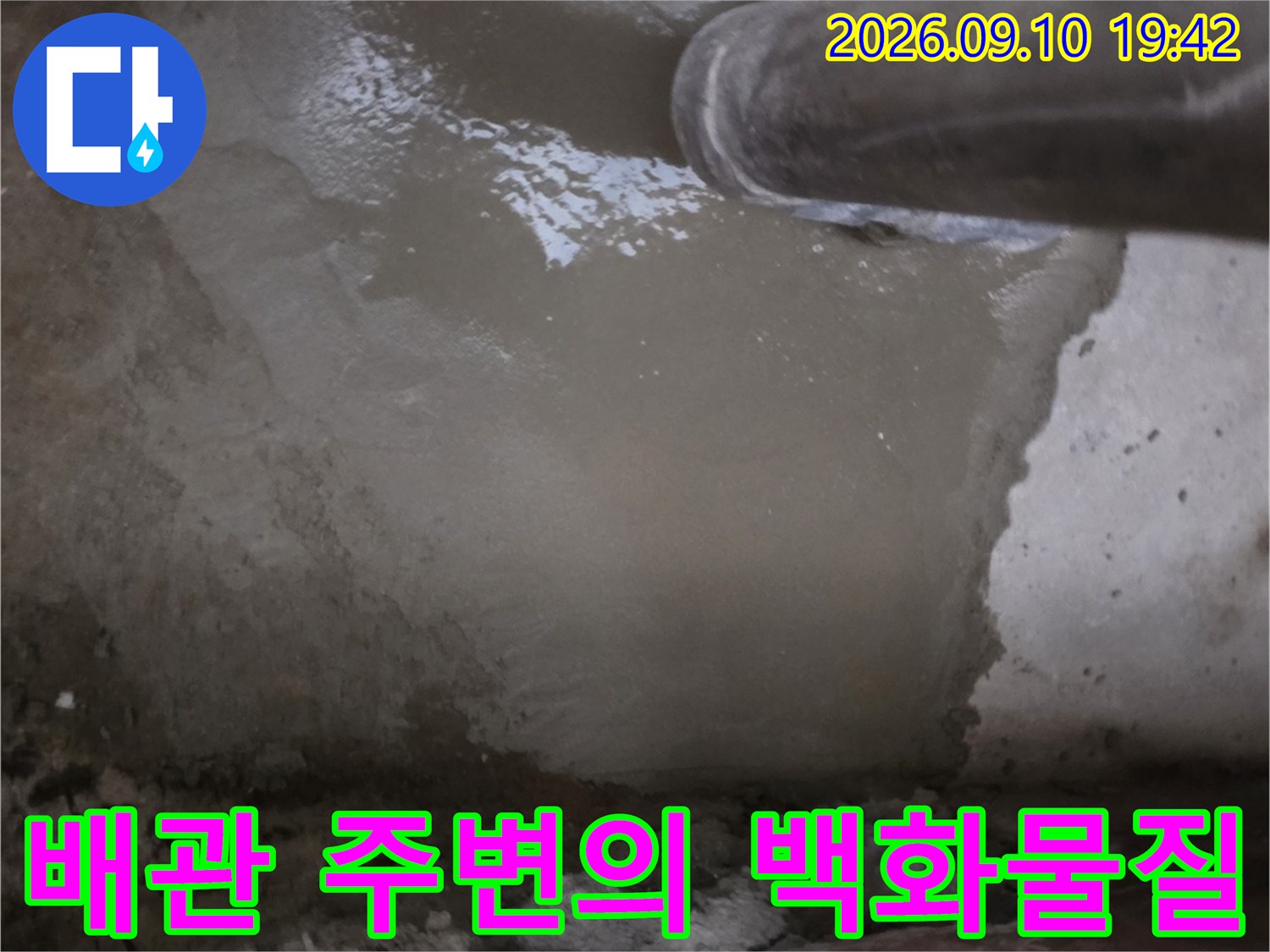 지하 천장 배관 주위에 하얗게 쌓인 백화 현상과 젖은 벽면