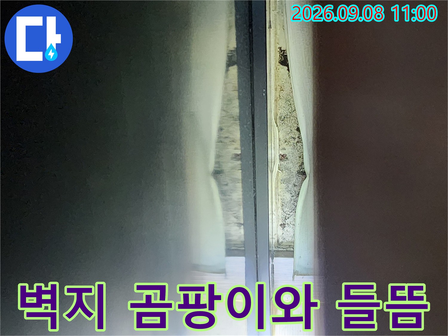 습기로 인해-변색되고 부풀어 오른 벽지와 벽면 상태 사진입니다