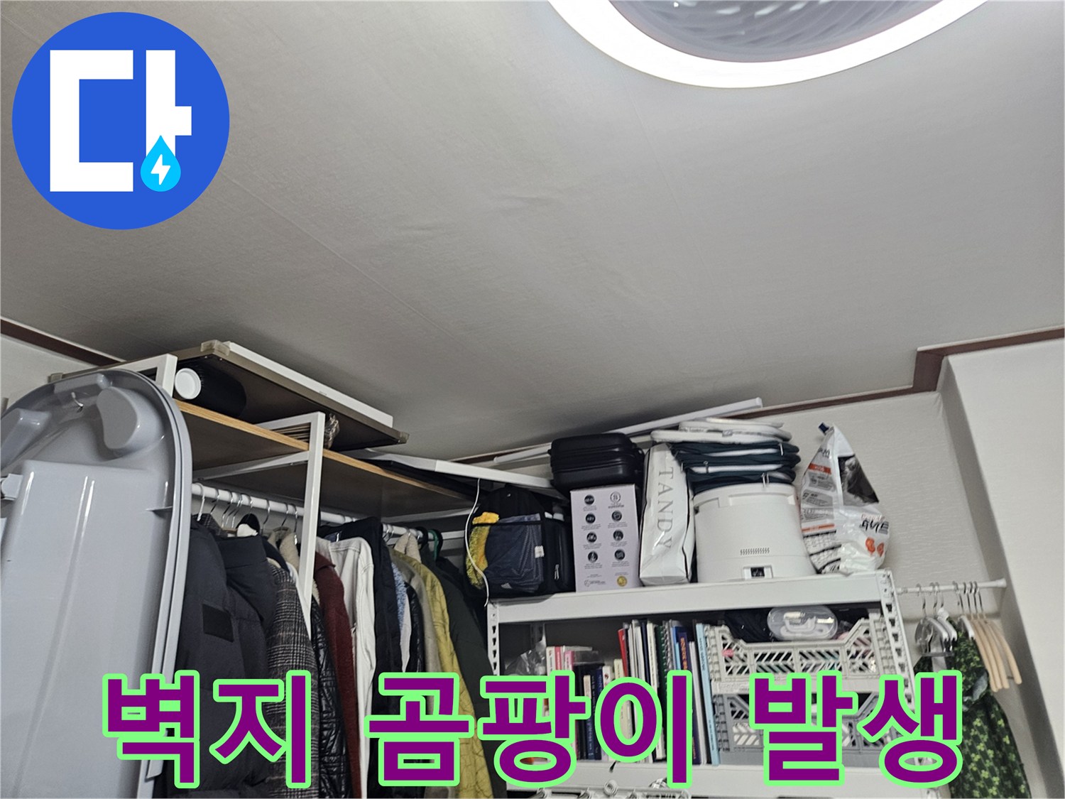 물샘 현상으로 인한 벽면 곰팡이 상태
