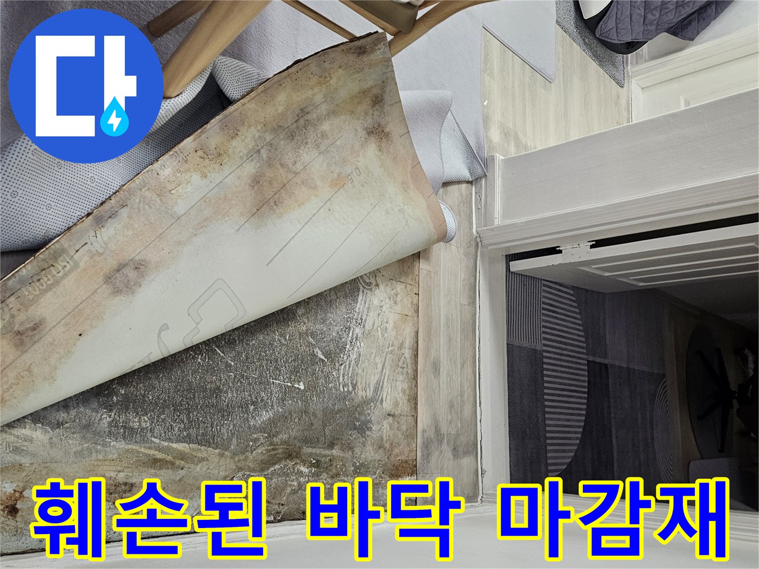 들떠있는 장판과 오염된 바닥면의 근접 촬영