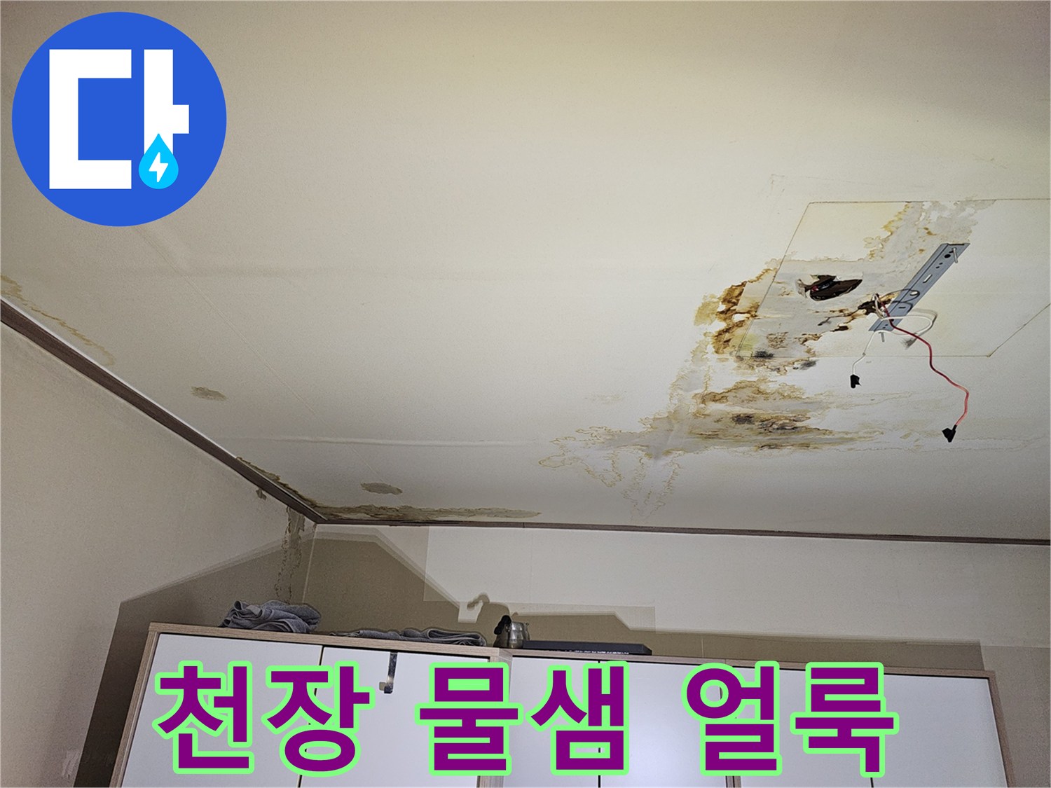 구로구 개봉동 아파트 천장 전등 주변의 젖은 얼룩과 곰팡이 상태
