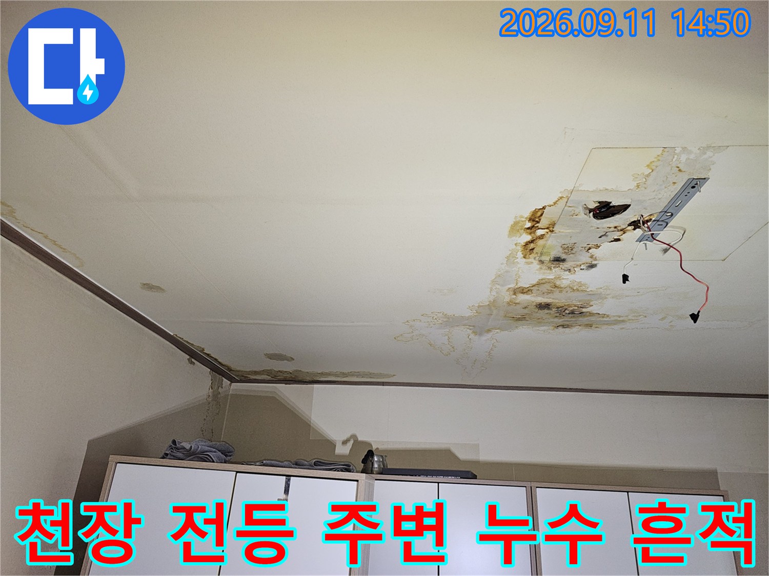 구로구 개봉동-전등 주변에 나타난 천장 누수 오염과 곰팡이