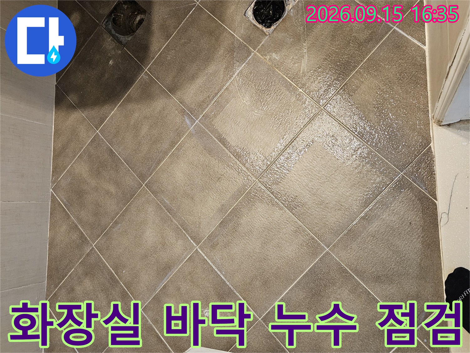 고양시 일산동구-물기가 남아있는 욕실 타일과 배수구
