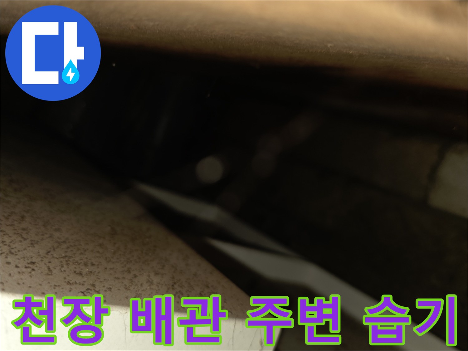 양재동 현장 천장 내부의 축축한 배관 부위