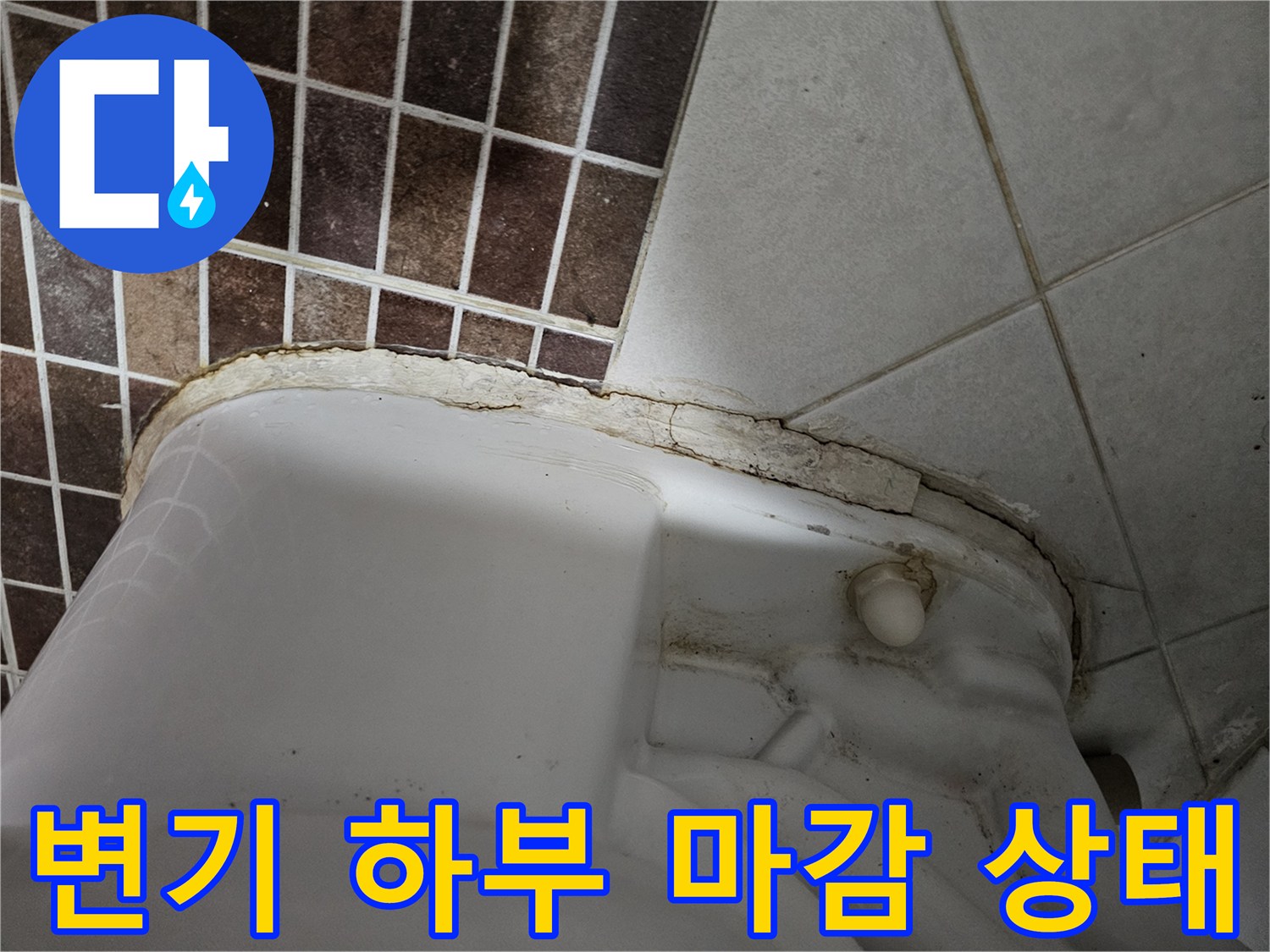 화장실 변기 아래쪽 타일과 도기 사이의 벌어진 틈새를 근접 촬영한 사진입니다.